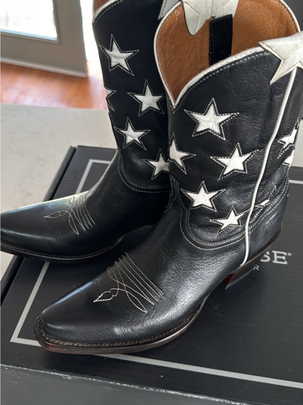 Lucchese Black Star Leather Cowboy Boots